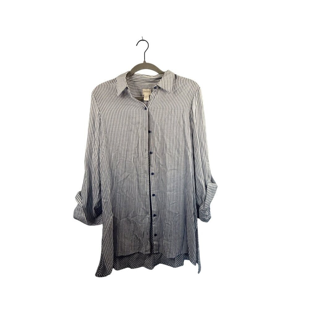 Chicos Blue & White Striped Button-Up Tunic Shirt Size 1 3/4 Sleeves 100% Viscos